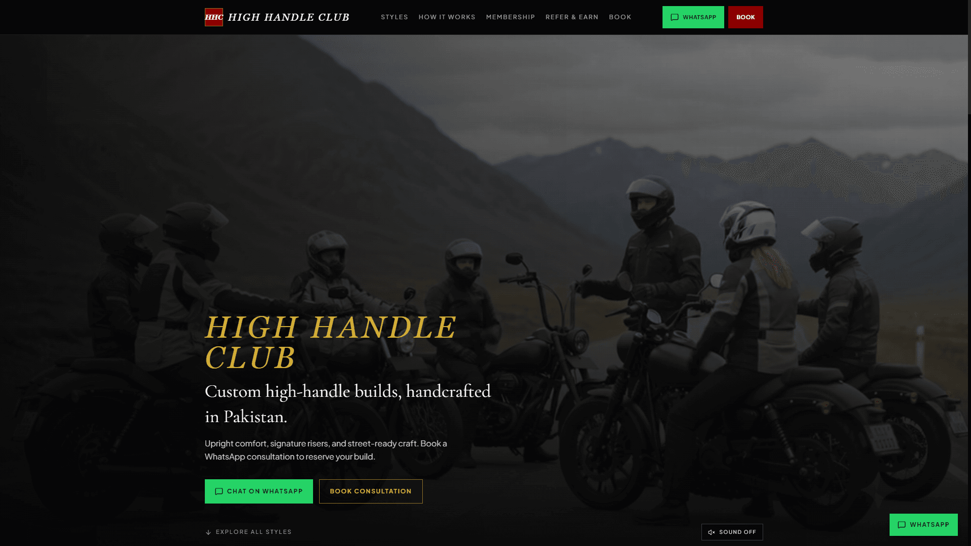 High Handle Club custom motorcycle builds website preview